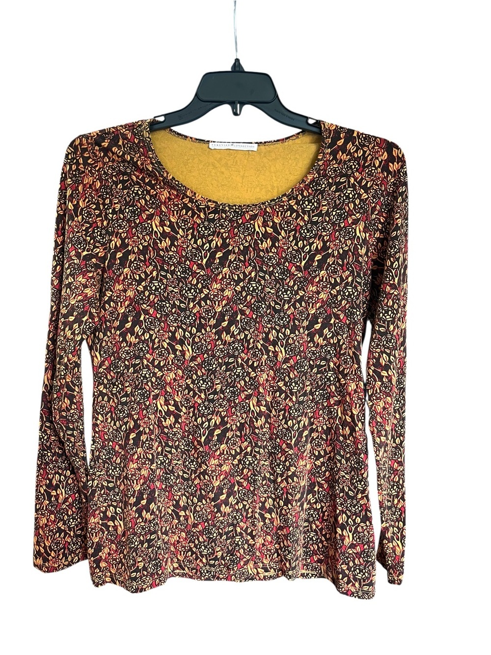 Peruvian Connection Women's Long-Sleeve Floral Top - Burgundy, Mustard Sz L